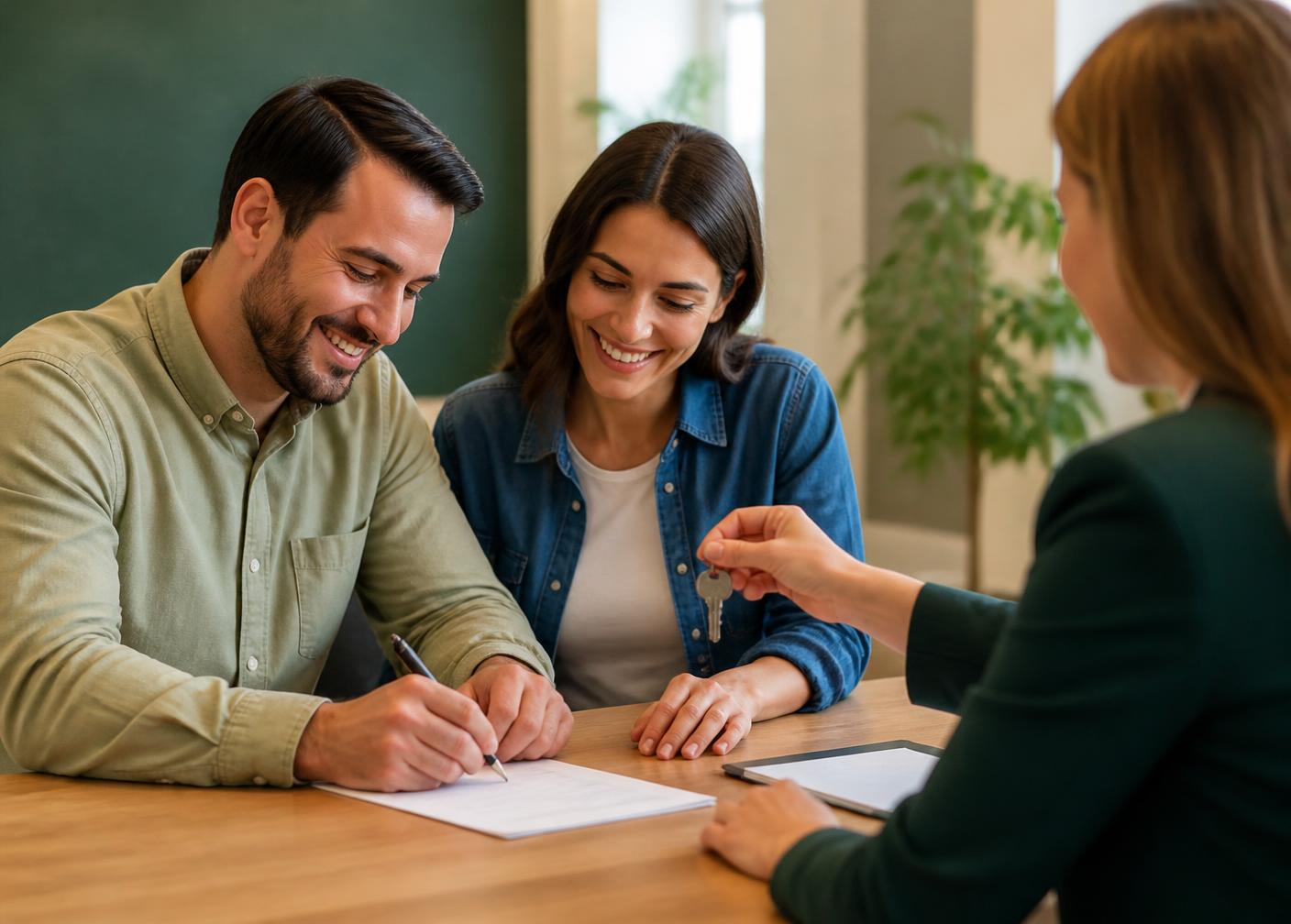 Propriétaire et locataires signant un bail avec un conseiller Priority Immobilier